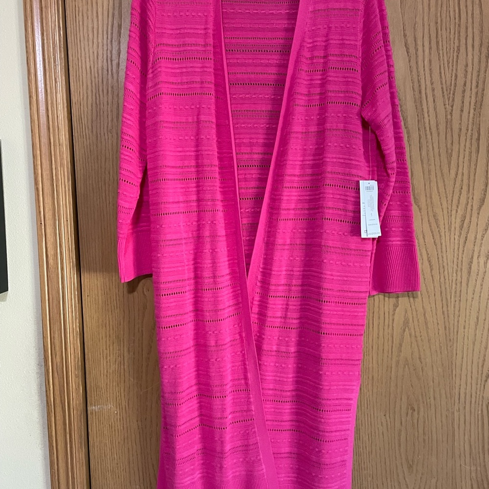 Beautiful hot pink ladder stitched maxi sweater. 35”. Chicos